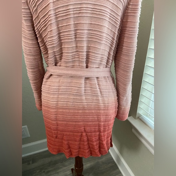 Chico’s 2 Sz L Ambre Coral Pink Ribbed Open Front Long Line Sweater Cardigan - Picture 7 of 10